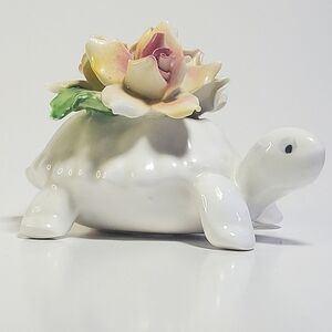 Vintage Raybur Staffordshire England Bone China Figurine Turtle with Roses EUC